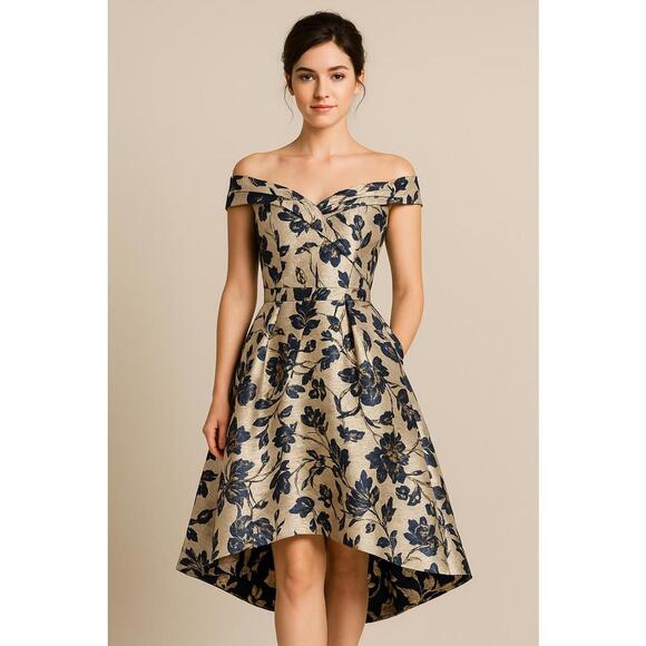 Oleg Cassini Dresses & Skirts - Oleg Cassini Navy and Gold High Low Dress